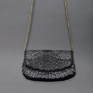 Vintage La Regale Hand Beaded Clutch Purse Evening Bag BLACK Retro Chain Strap